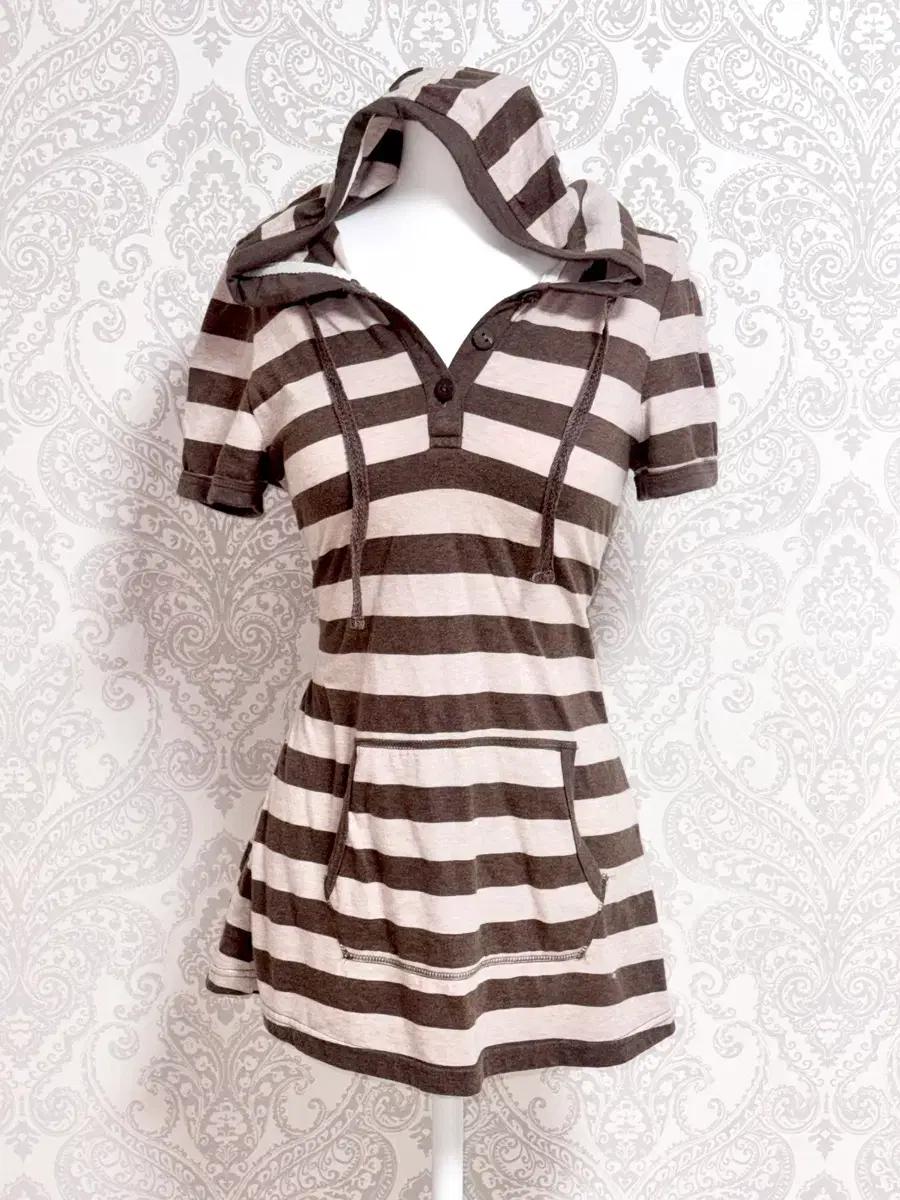 일본 빈티지 줄무늬 후드 브라운 원피스