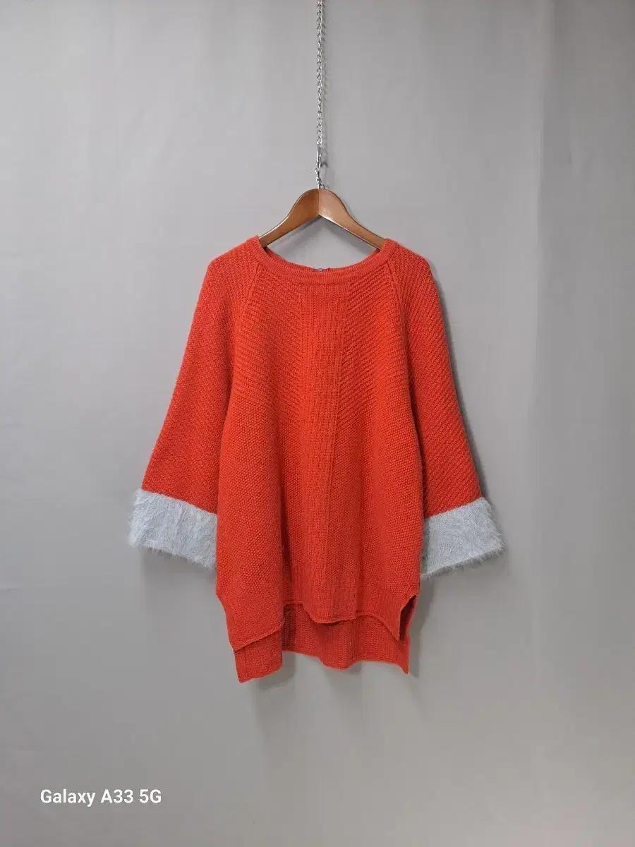 부클 배색 퍼프소매 주황 언발 롱니트