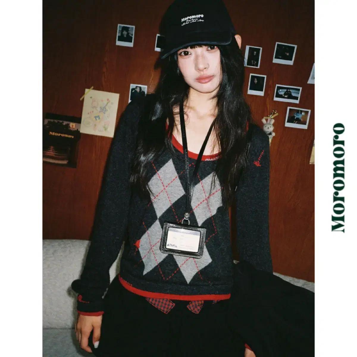 MOROMORO2 모로모로2 니트 핸드스티치 50% 울 U넥 퀼팅 빈티지