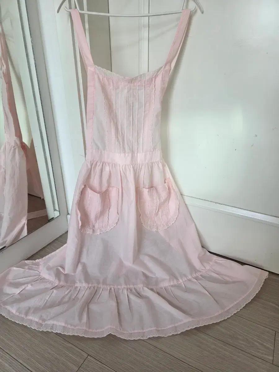 일본빈티지 레이스 핑크 프릴 앞치마 원피스