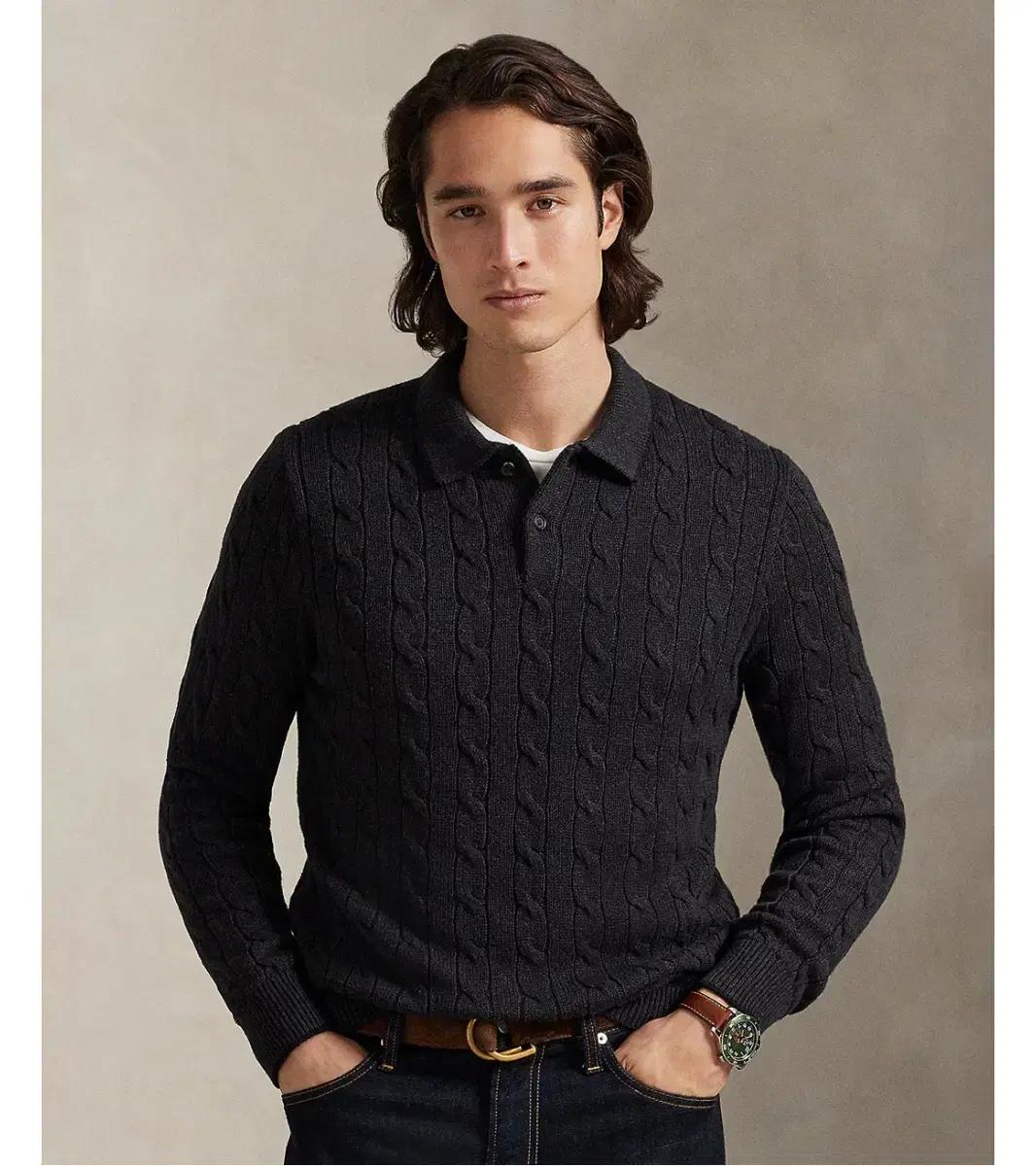 폴로 랄프로렌 남성 케이블 꽈배기 카라 코튼 니트 스웨터