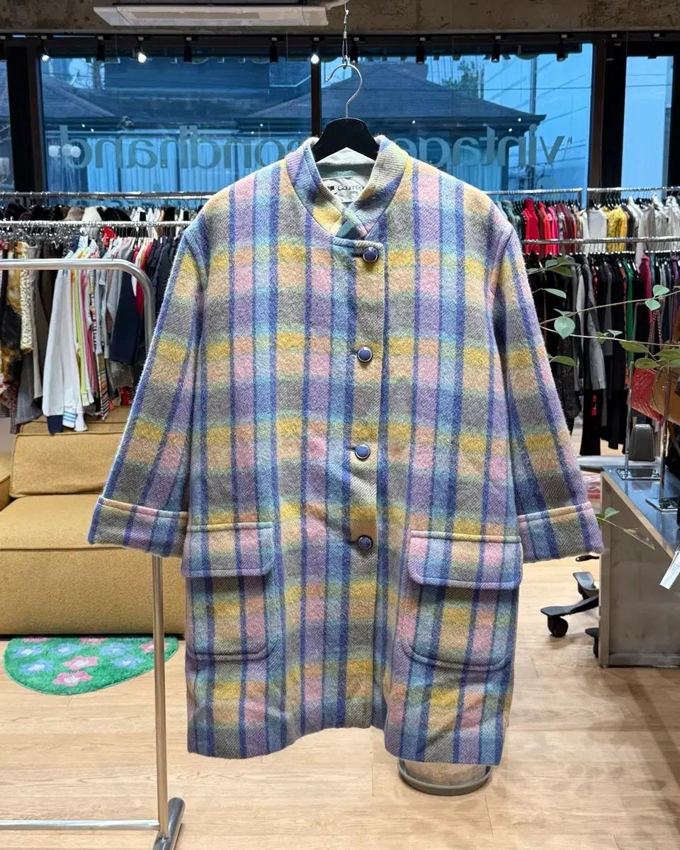 쿠레쥬 멀티컬러 체크 울 코트