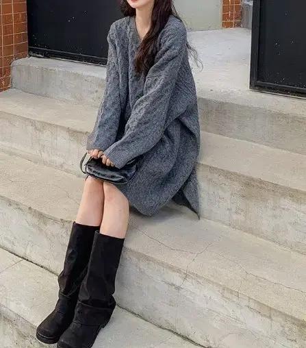 해피텐 임산부 꽈배기 니트 원피스 임부복