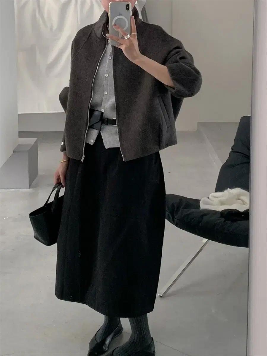 브라운 차콜 컬러 핸드메이드 울 자켓 / 겨울 집업 점퍼 하프 코트 소재