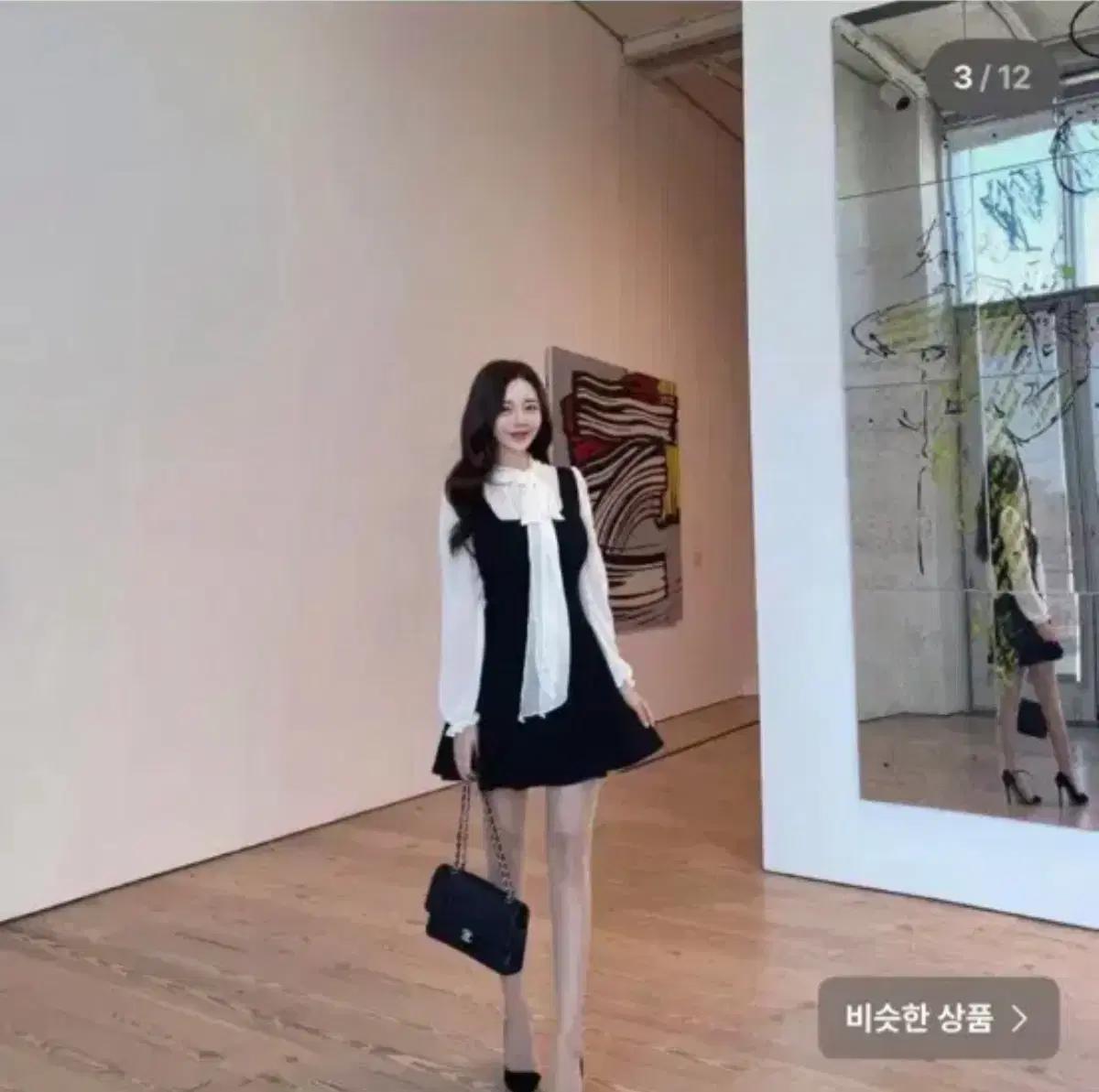르미룸 리본 쉬폰 원피스 플레어 미니 시스루 블라우스 하객룩