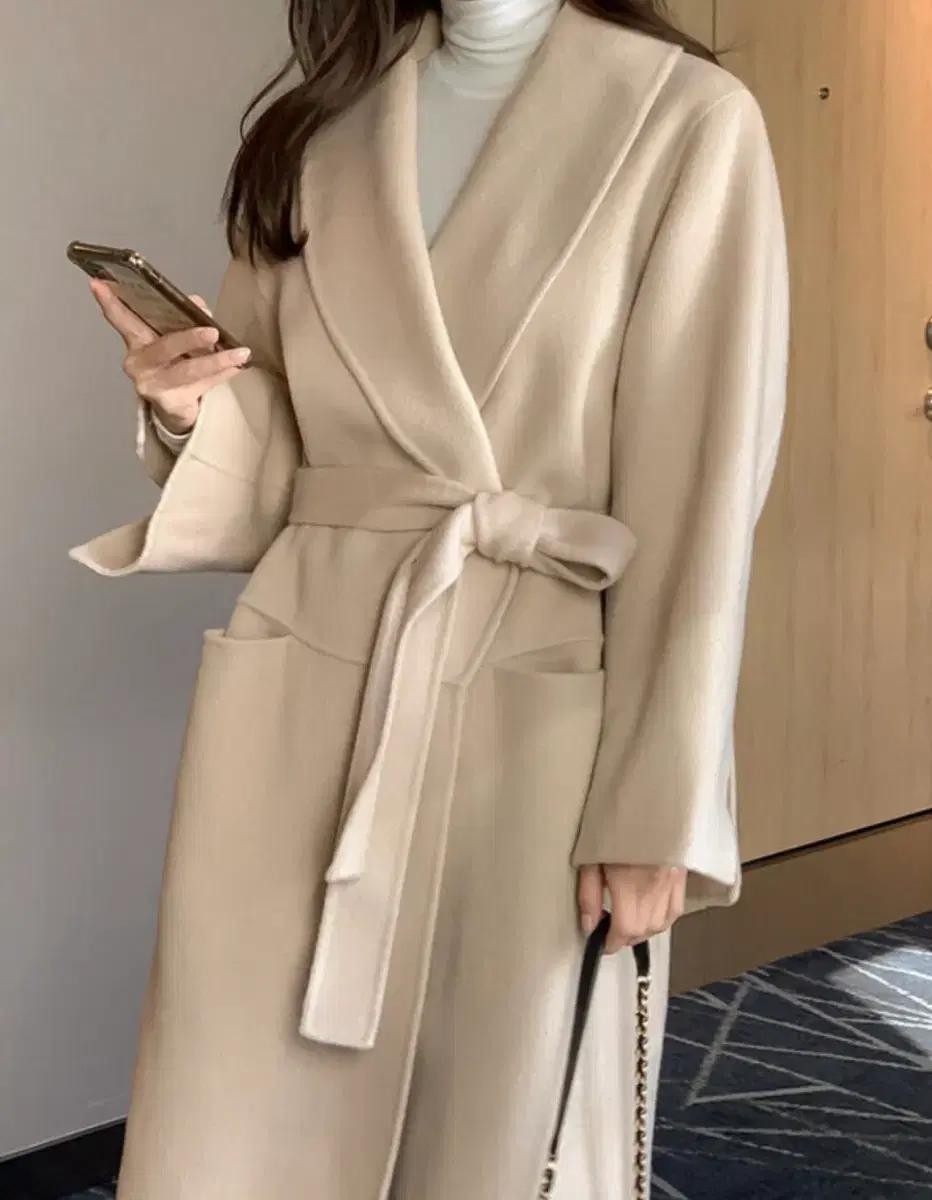 로브 가운 숄 핸드메이드 롱코트 베이지 울90