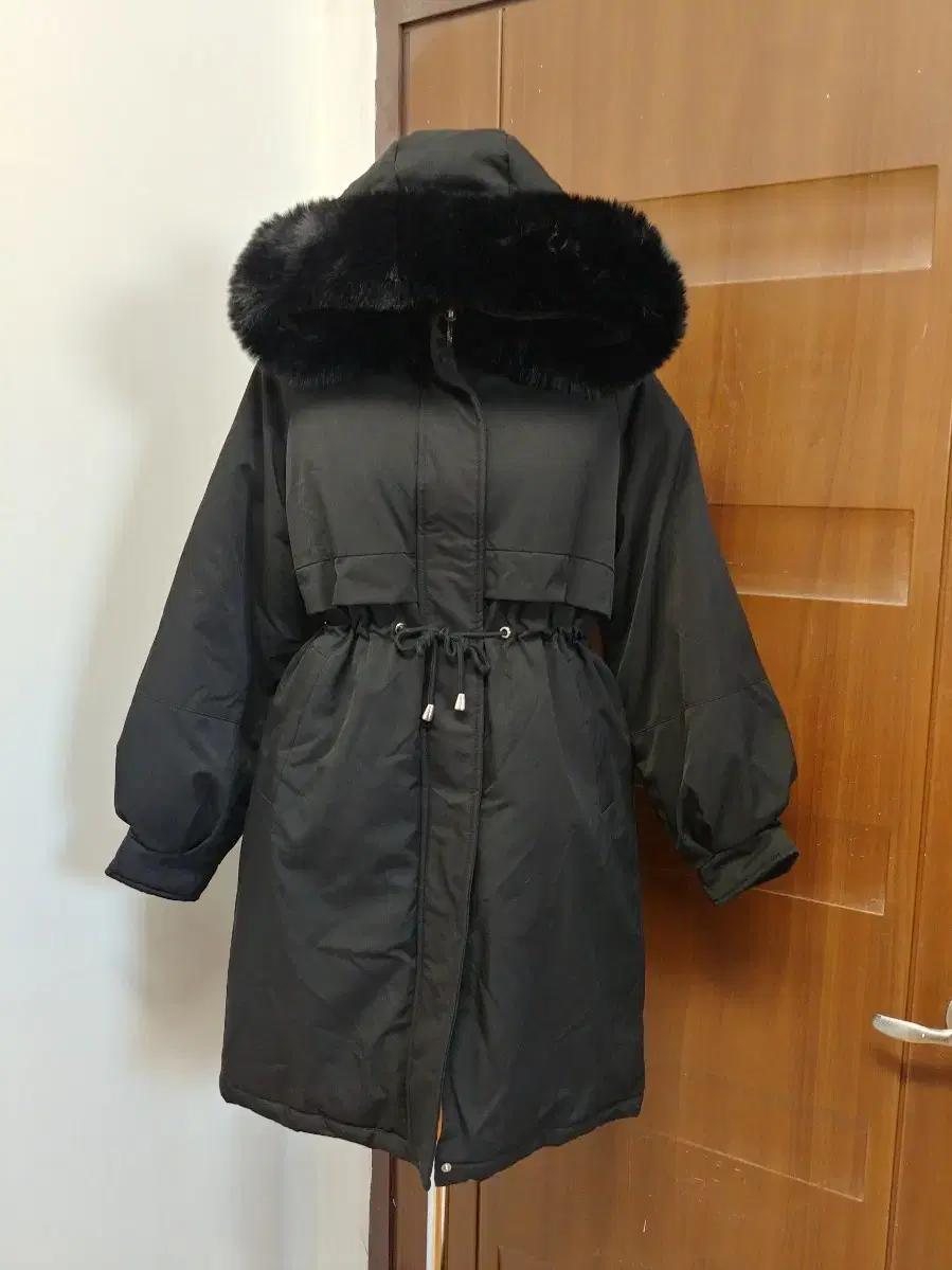 블랙 후드 퍼 롱패딩 코트 L