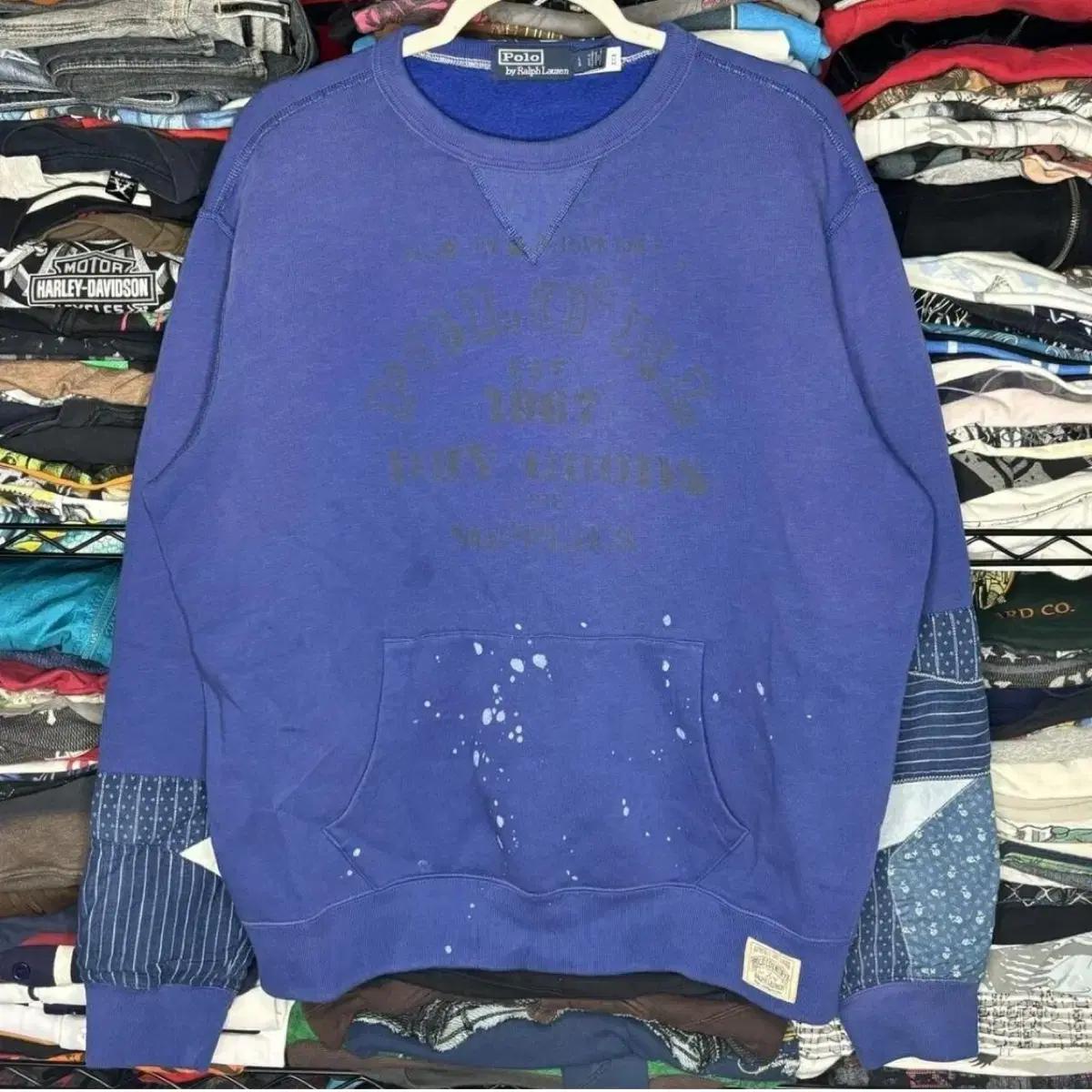 폴로 랄프로렌 블루 데미지 반다나 패치워크 스웻셔츠 L