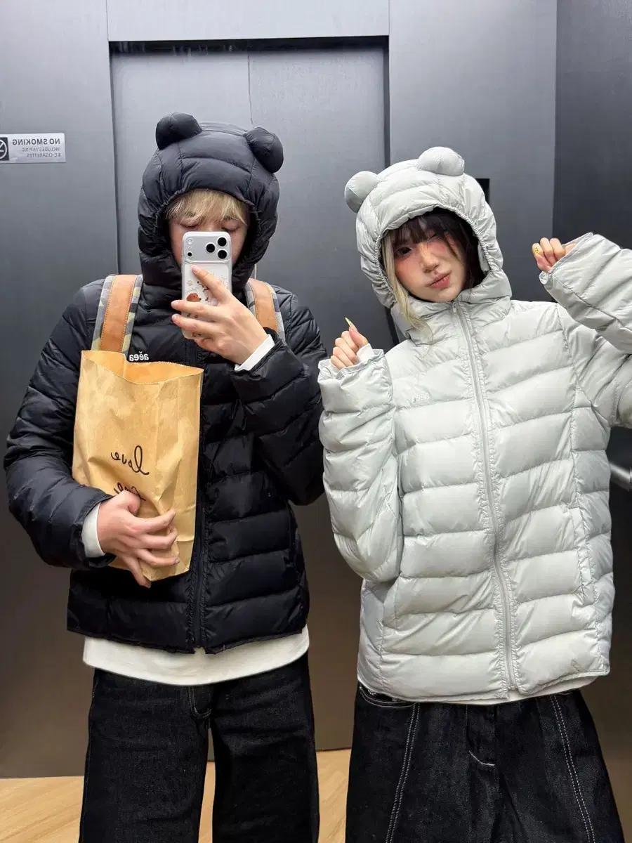 곰 귀 후드 갈매기뼈 다운 재킷 90%백아오리털 얇고 따뜻한 외투(3컬러