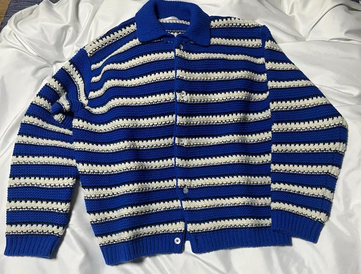 STU 에스티유 울 카라 스트라이프 가디건 블루 L