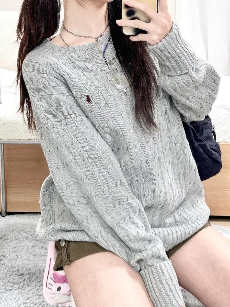 폴로 버건디포니 그레이 케이블니트