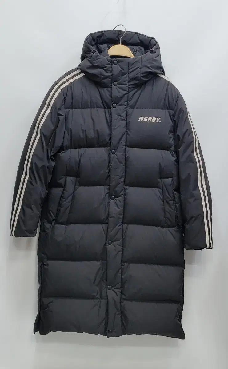 NERDY 널디 백로고 후드 다운 롱 패딩 / S 블랙 (수선)