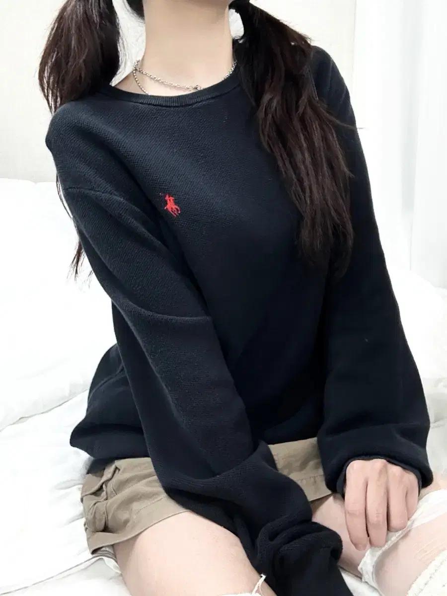 폴로 블랙 피마코튼 와플니트
