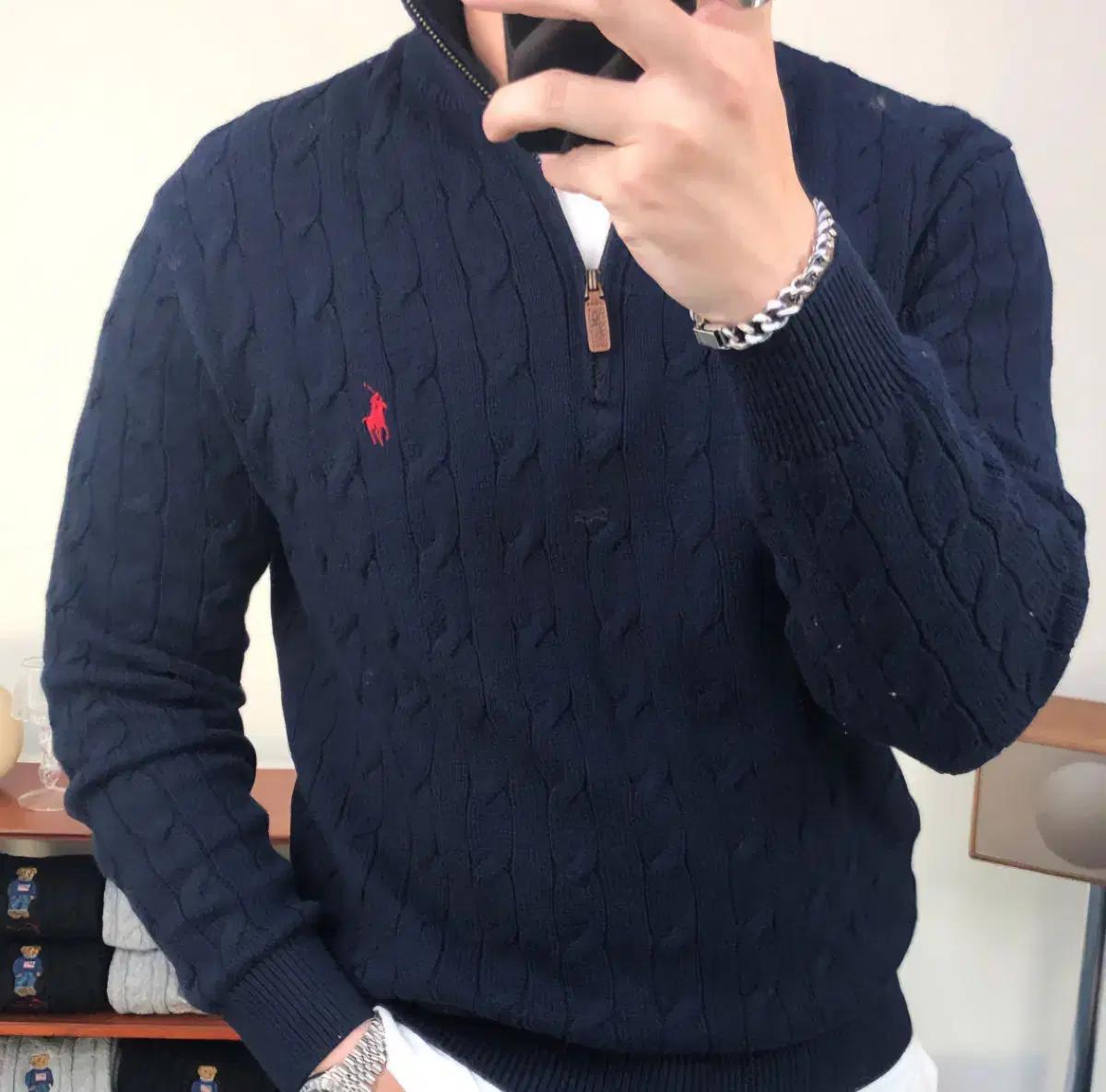 폴로 꽈배기 반집업 니트