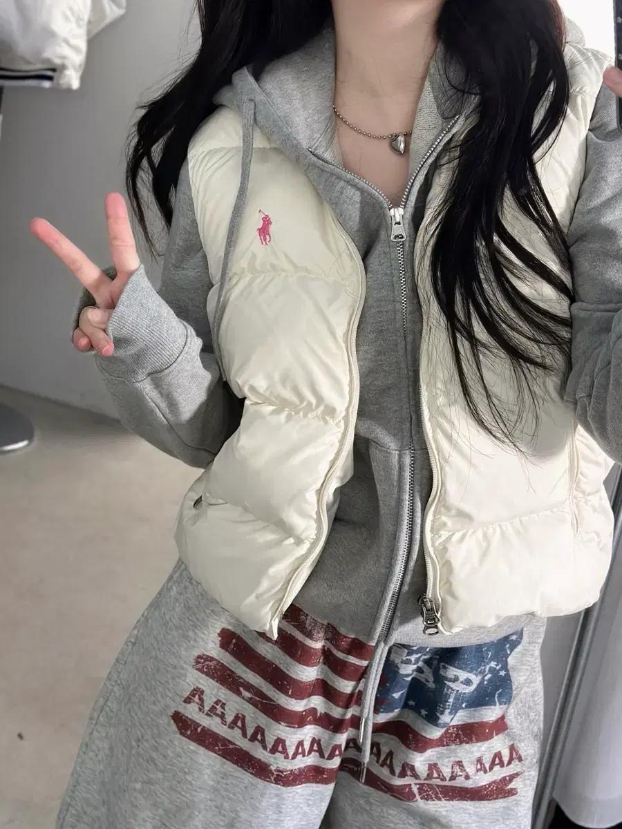 랄프로렌 아이보리 핑크포니 다운 패딩 베스트