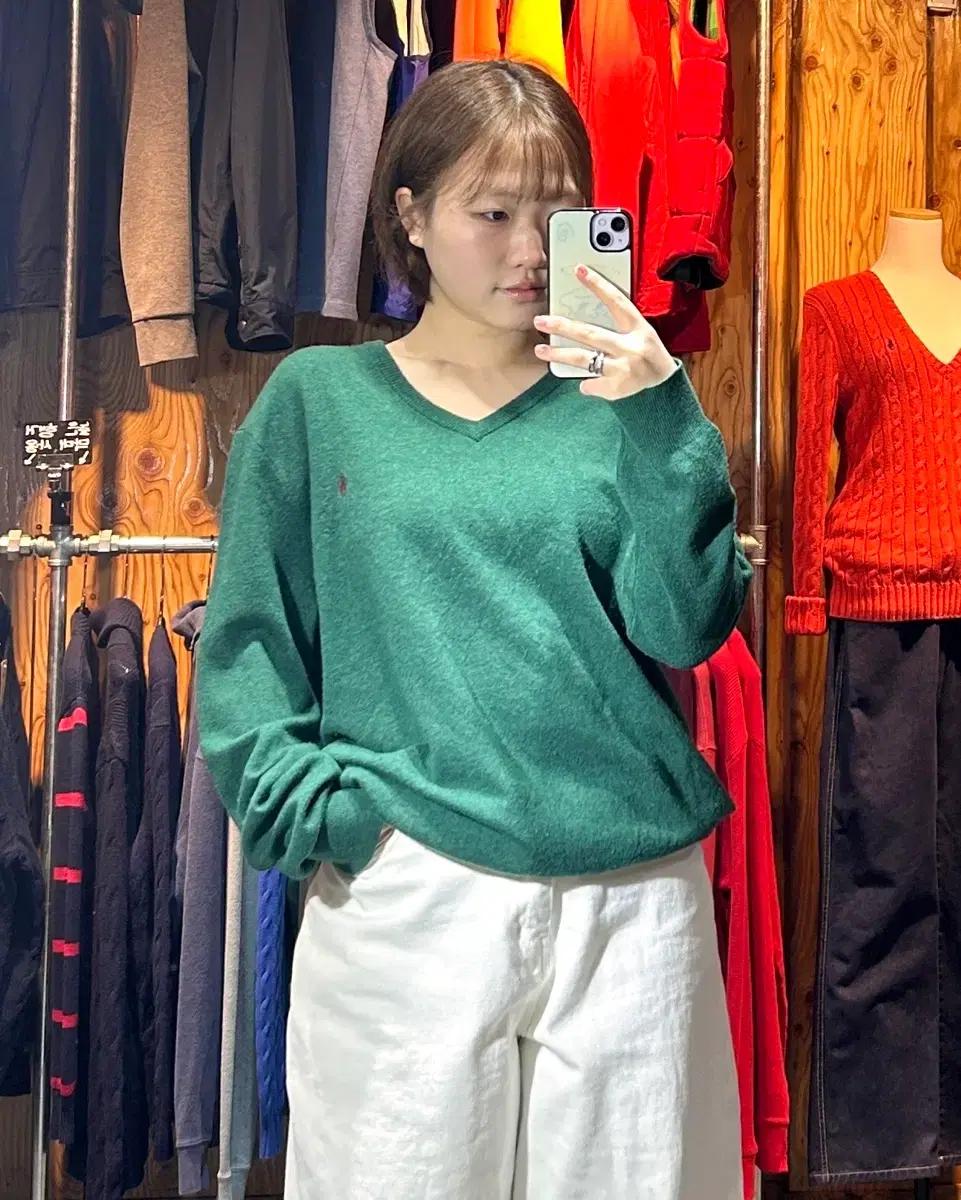 XL 폴로랄프로렌 버건디 포니 그린 브이넥 울니트