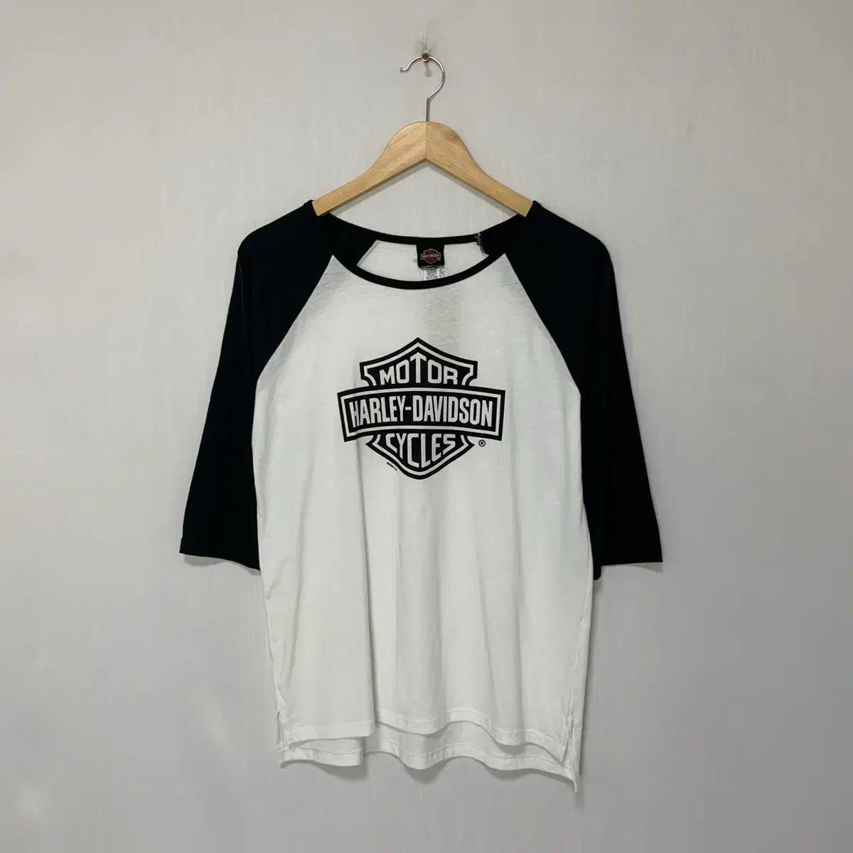 할리데이비슨 빈티지 y2k 7부 소매 흰검 배색 나그랑 티셔츠 M