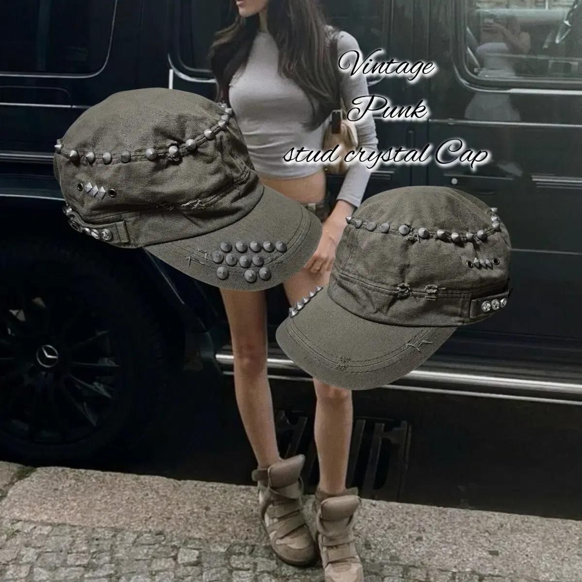 Vintage Punk khaki stud crystal Cap
