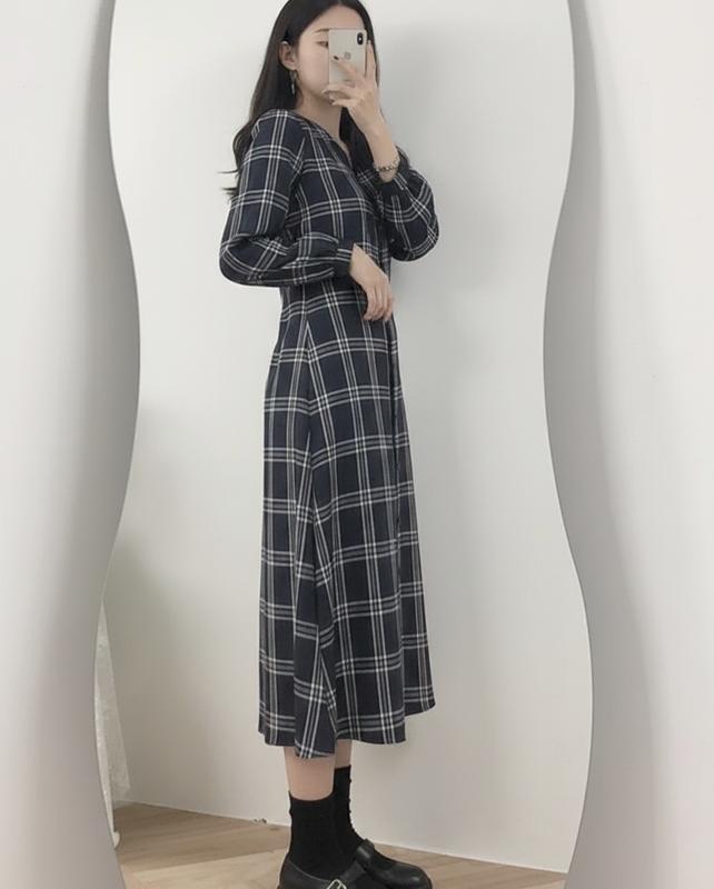 가을 체크 긴팔 롱 원피스 2 (XL,2XL)(2컬러)
