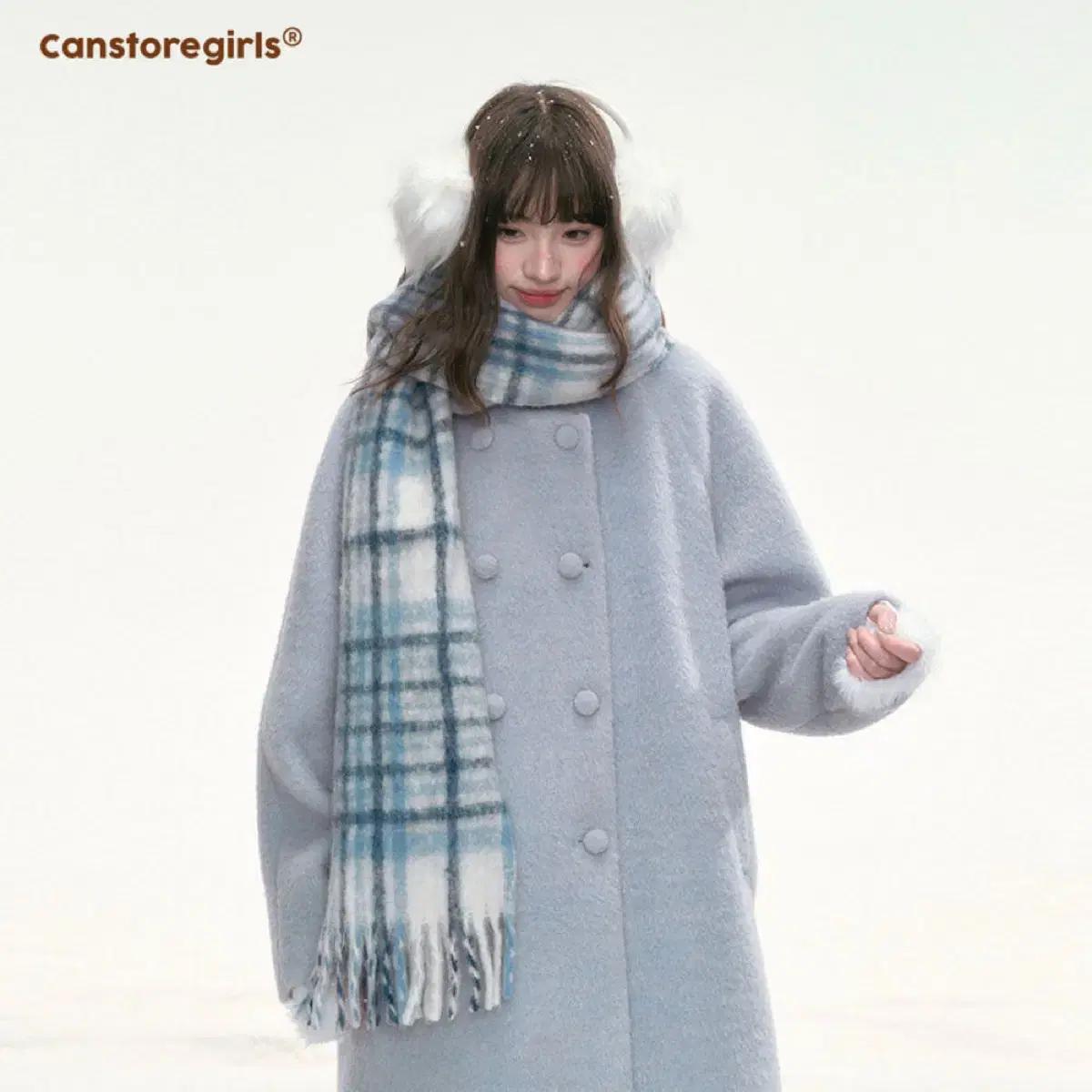 Canstoregirls 코트 겨울 블루 롱 더블 브레스트 라펠 울 퀼팅