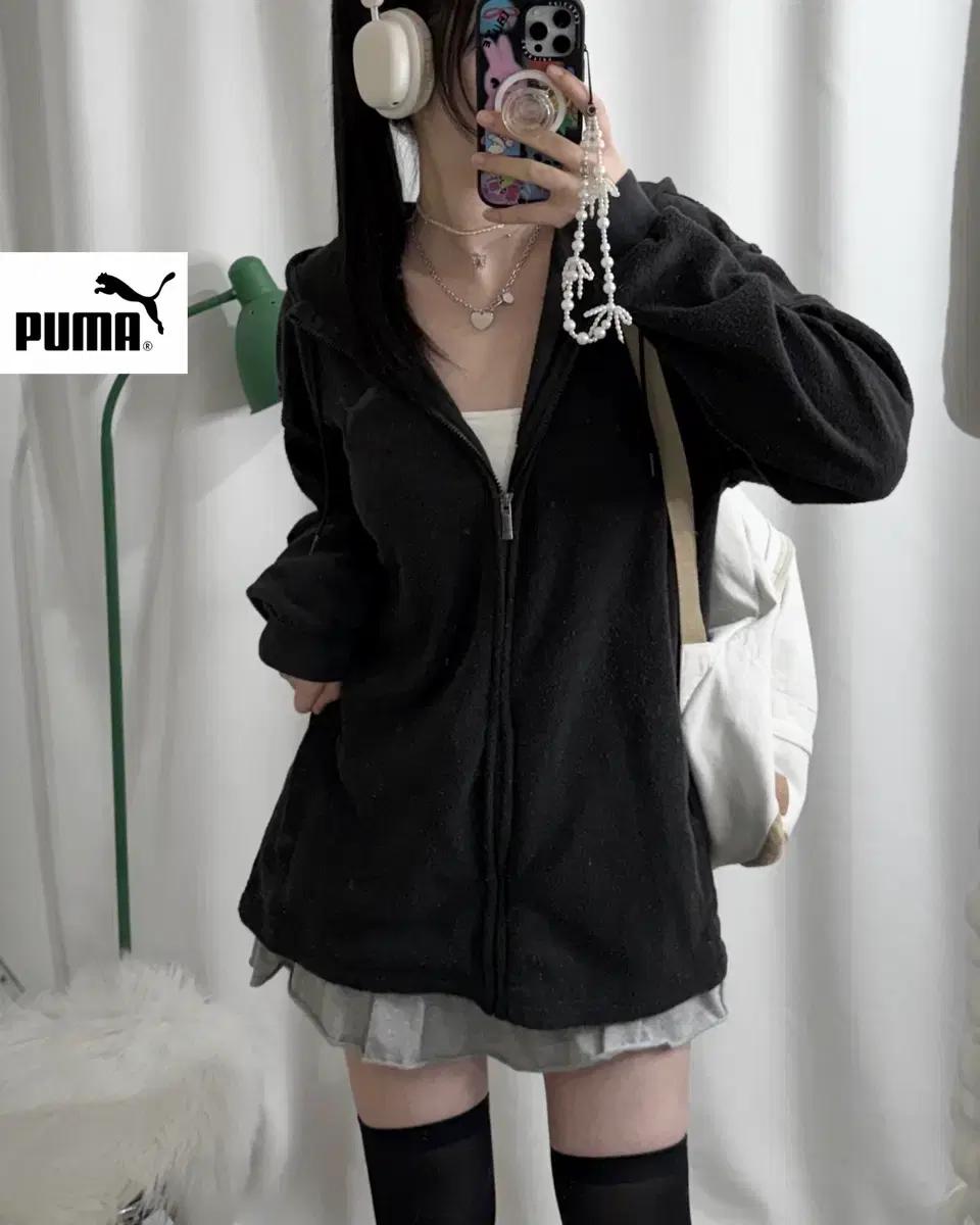 푸마 블랙 뽀글이 오버핏 후드 집업