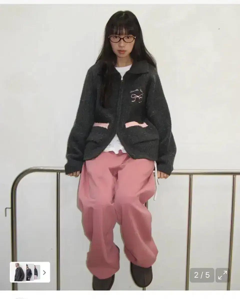 론론 하트 리본 코위찬 니트 집업 차콜