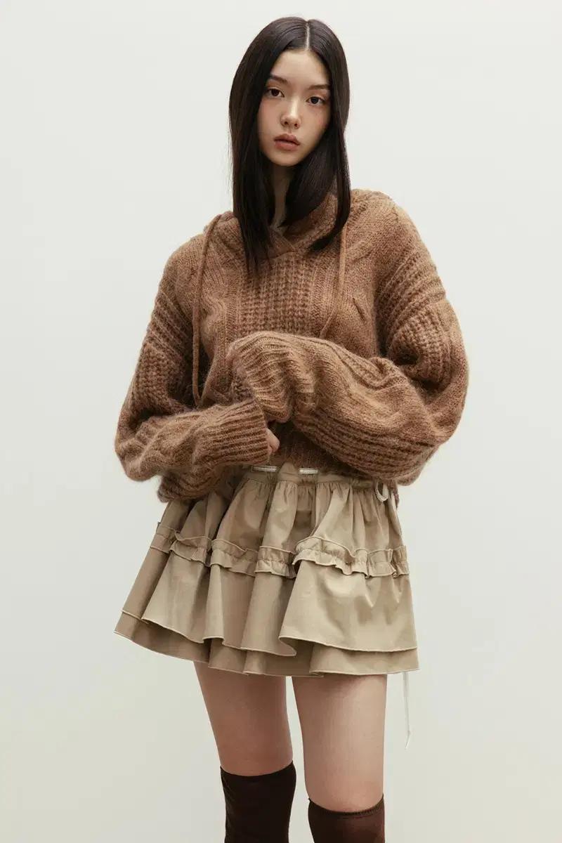 더티스 thetis 모헤어 후드 니트 브라운