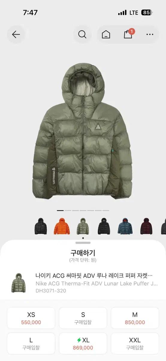 나이키 ACG 루나 레이크 써마핏 패딩 자켓 아미 L사이즈