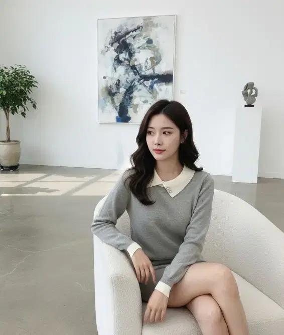 그레이 로아 진주버튼 사선카라 심플 니트