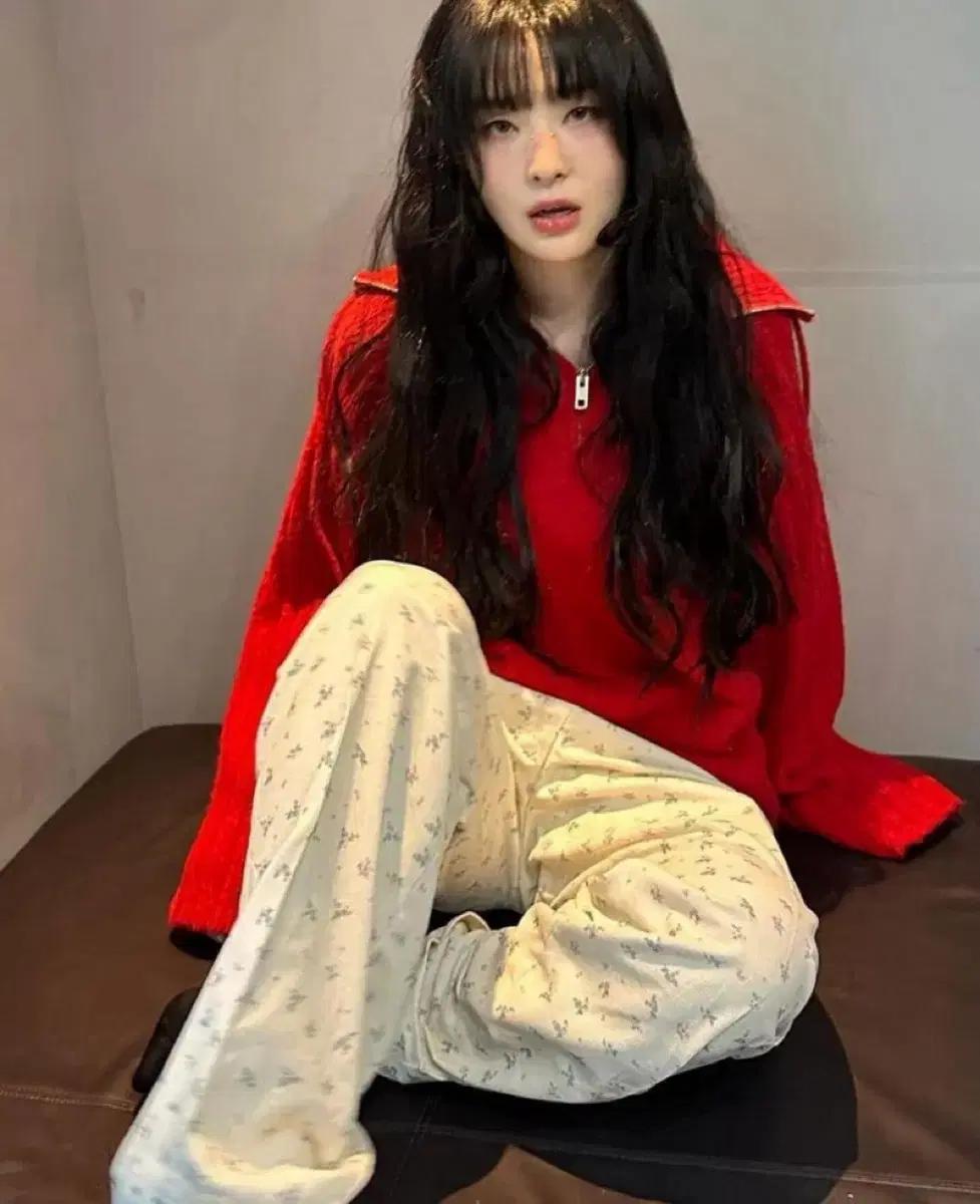 [1착]론론 High neck half zip up knit Red