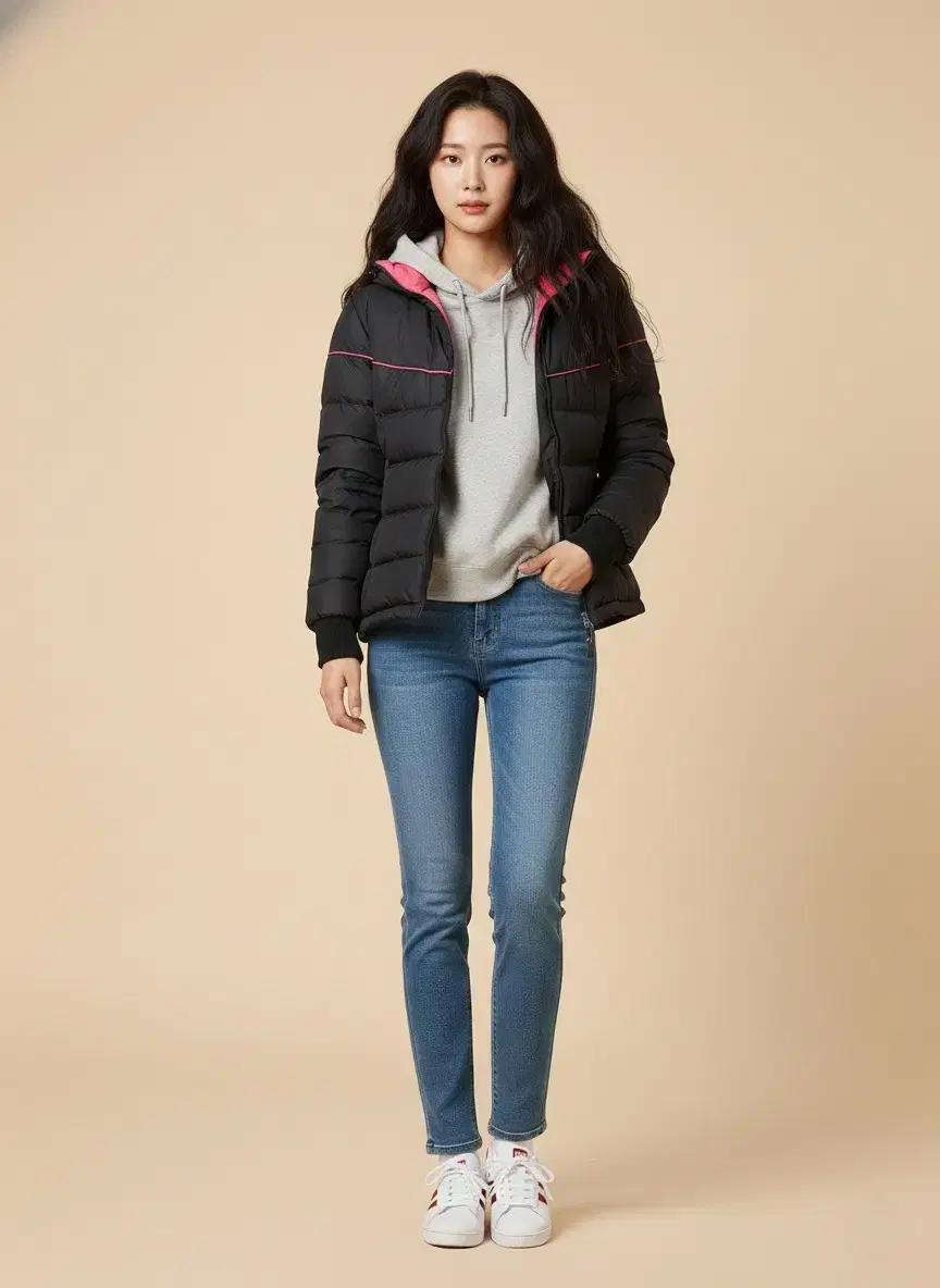 오니츠카 타이거[Onitsuka Tiger] 핑크 배색 후드 다운 패딩