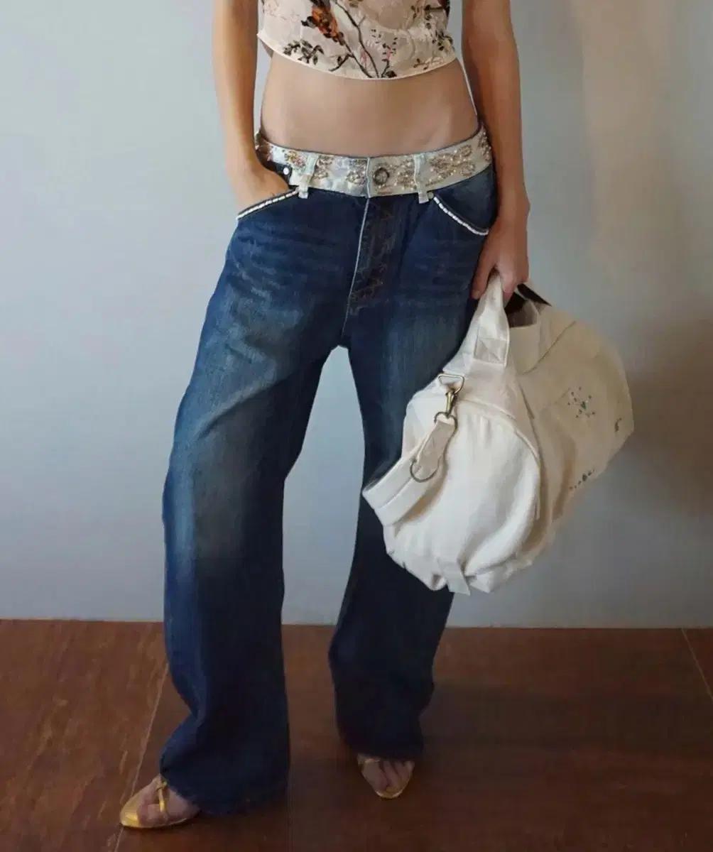 스컬프터Beaded Waist Denim Pants Indigo Blue