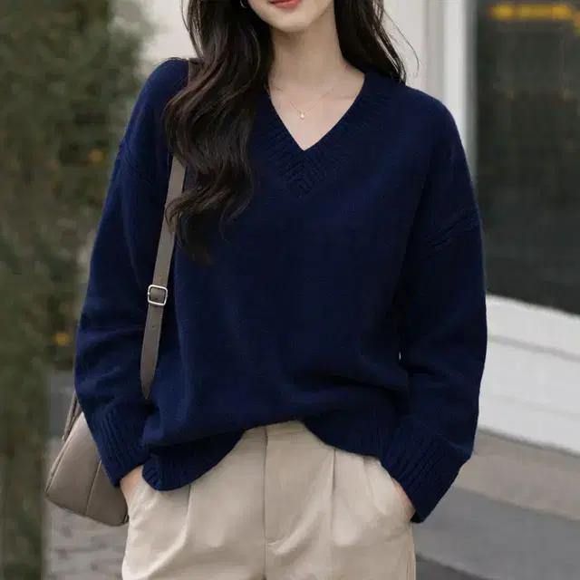 쎄샵 ST123 도톰 브이넥니트 풀오버 네이비 FREE5566-1개