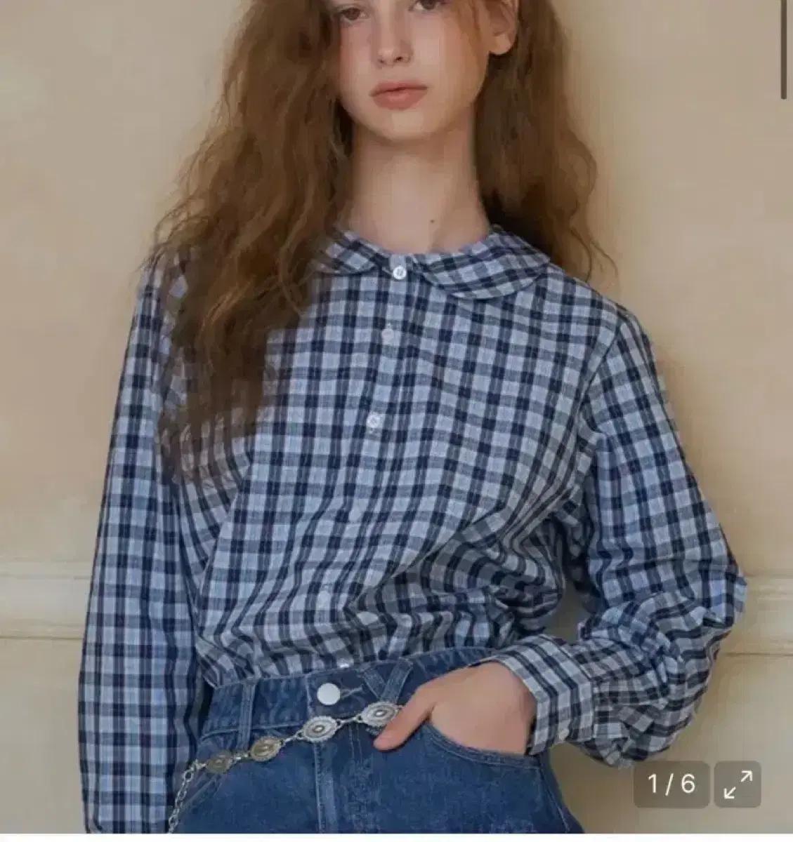론론 라운드 카라 빈티지 체크 셔츠 블루<가격내림>