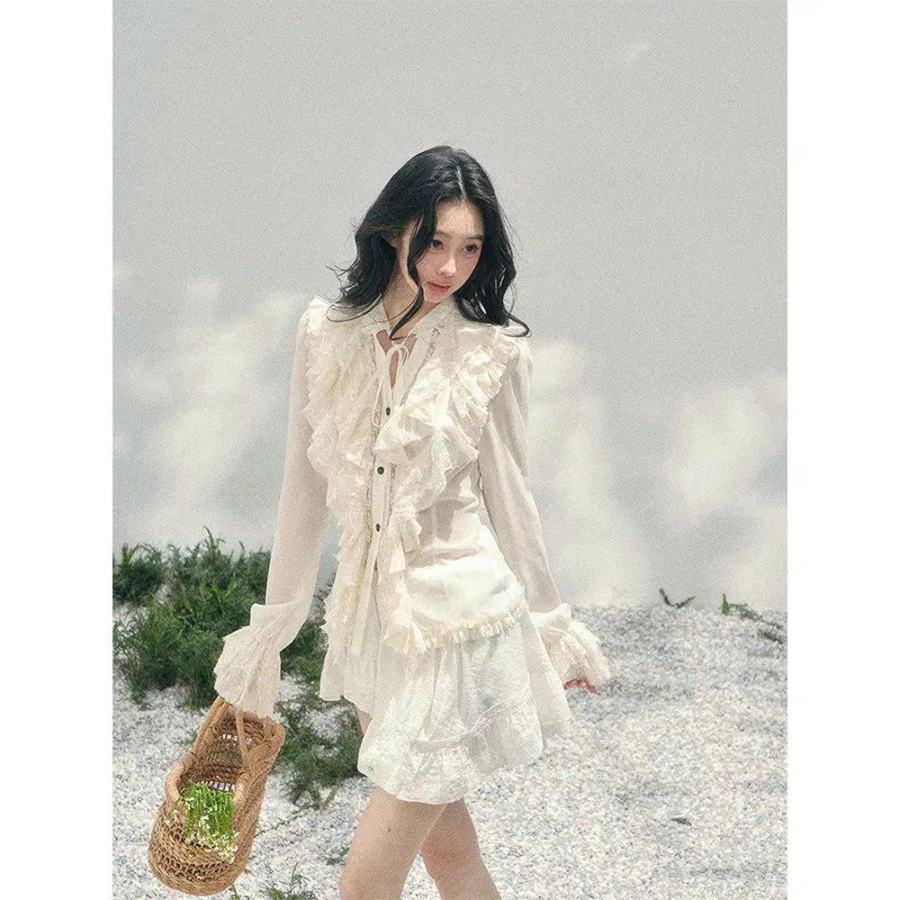 Shaoyeyan 샤오예얀 프렌치 헤비 러플 레이스 봄 블라우스