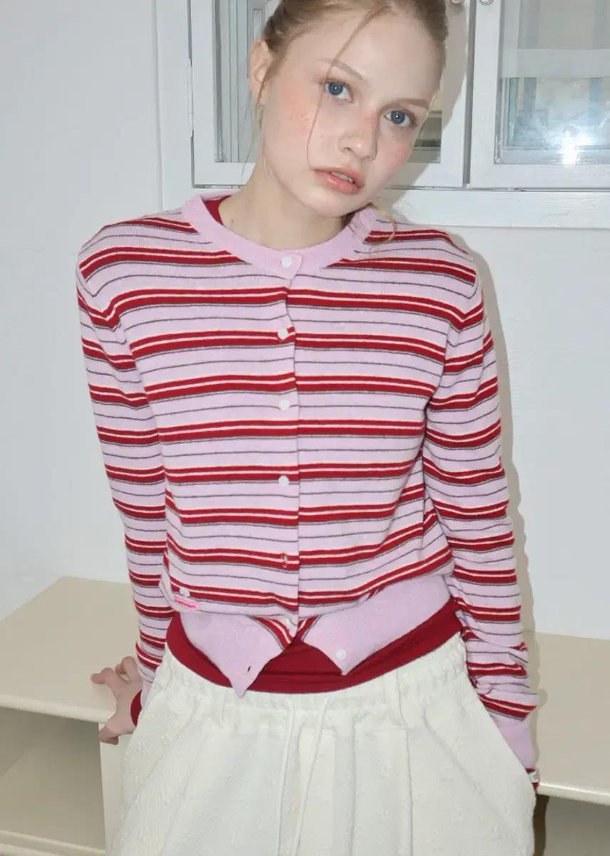 론론 SOFT DAYS KNIT CARDIGAN PINK STRIPE