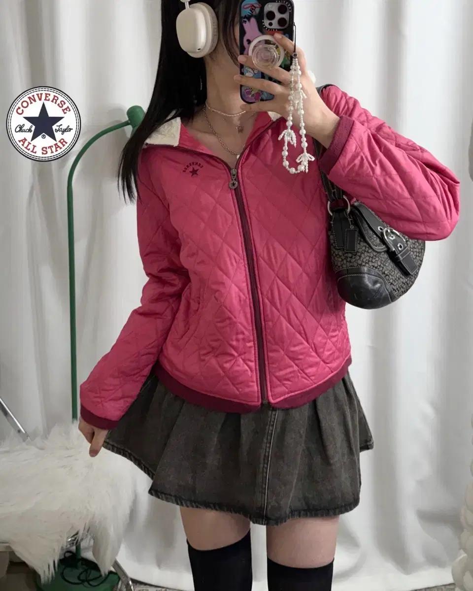 컨버스 핑크 퀼팅 후드 점퍼