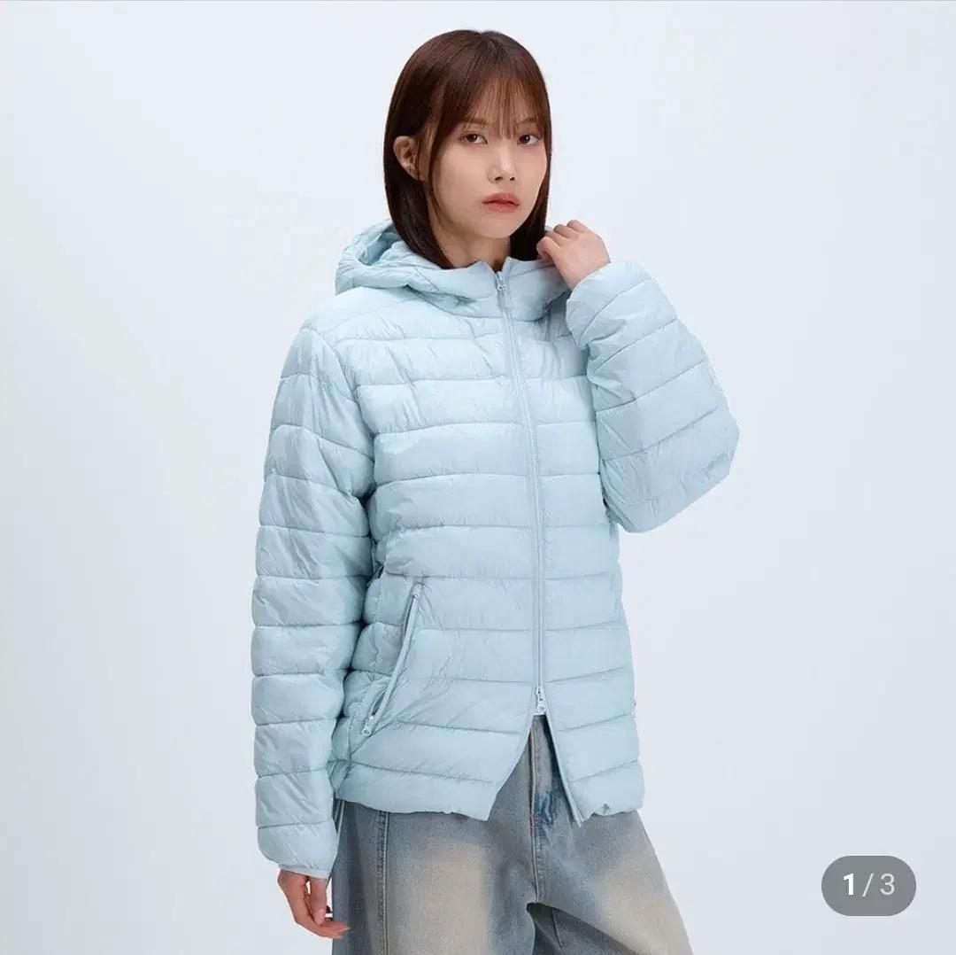 스파오 씬라이트 경량패딩 후드재킷 페일블루 L