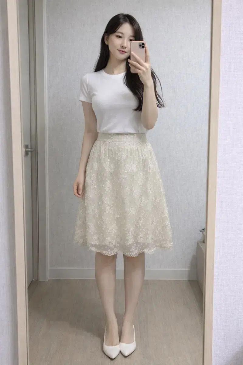 아이보리 레이스 플레어 스커트/여성 레이스 스커트/JPN/봄코디