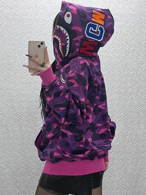 베이프 AAPE 스트릿 펑크 퍼플카모 샤크 후드집업 L C10113
