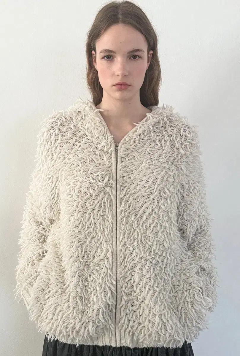 시눈 Sinoon Fringe Hooded Knit Zipup