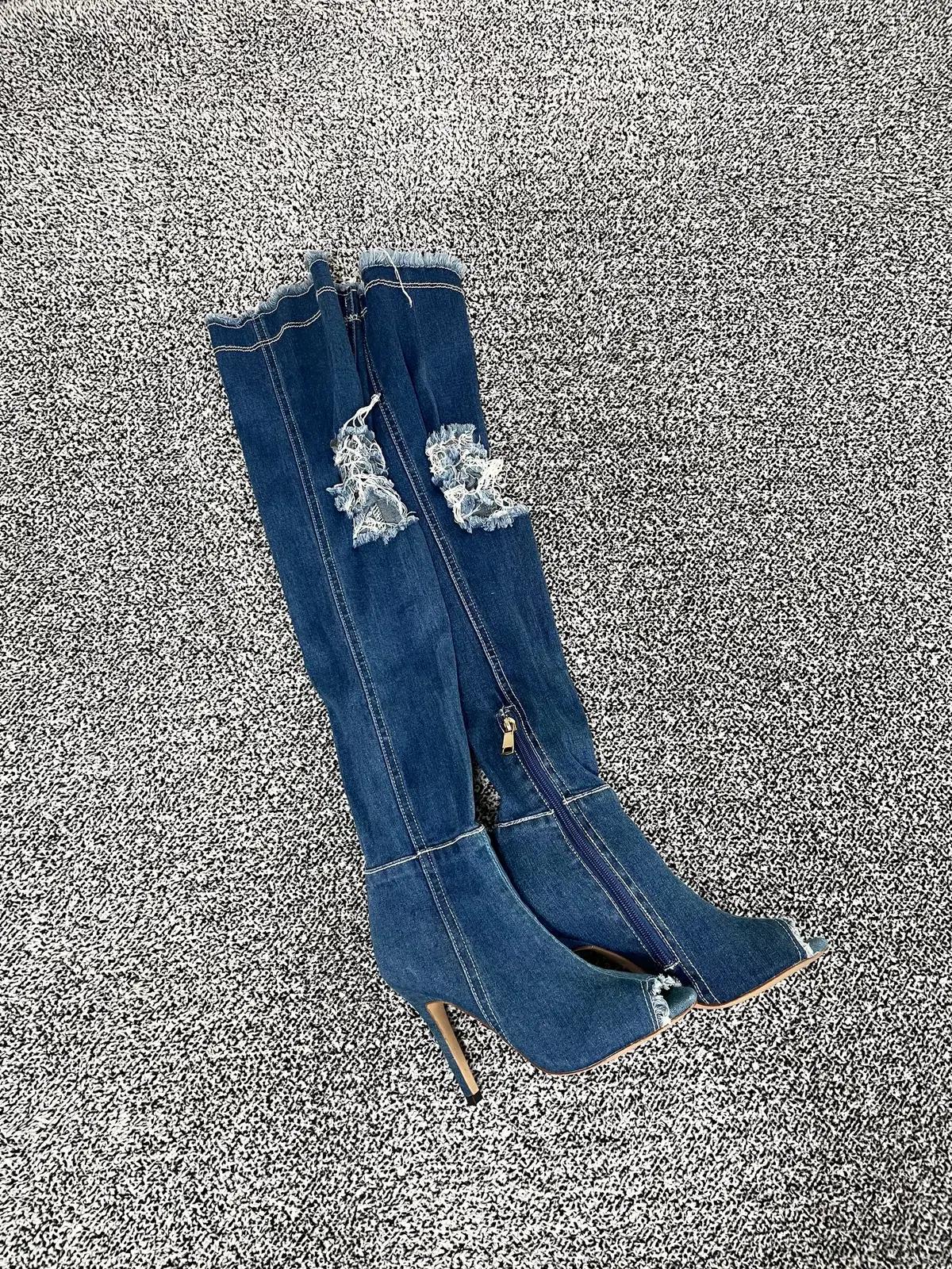 빈티지9. Balmain 발망 데미지 데님 레이스업 힐 롱 부츠