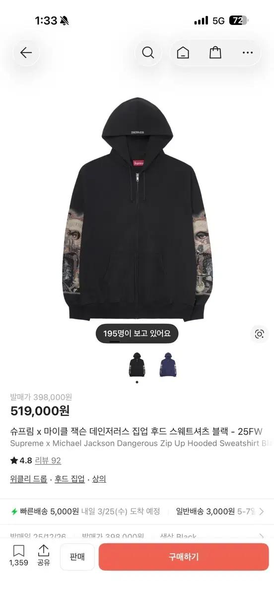 슈프림 x 마이클 잭슨 데인저러스 집업 후드 스웨트셔츠 블랙