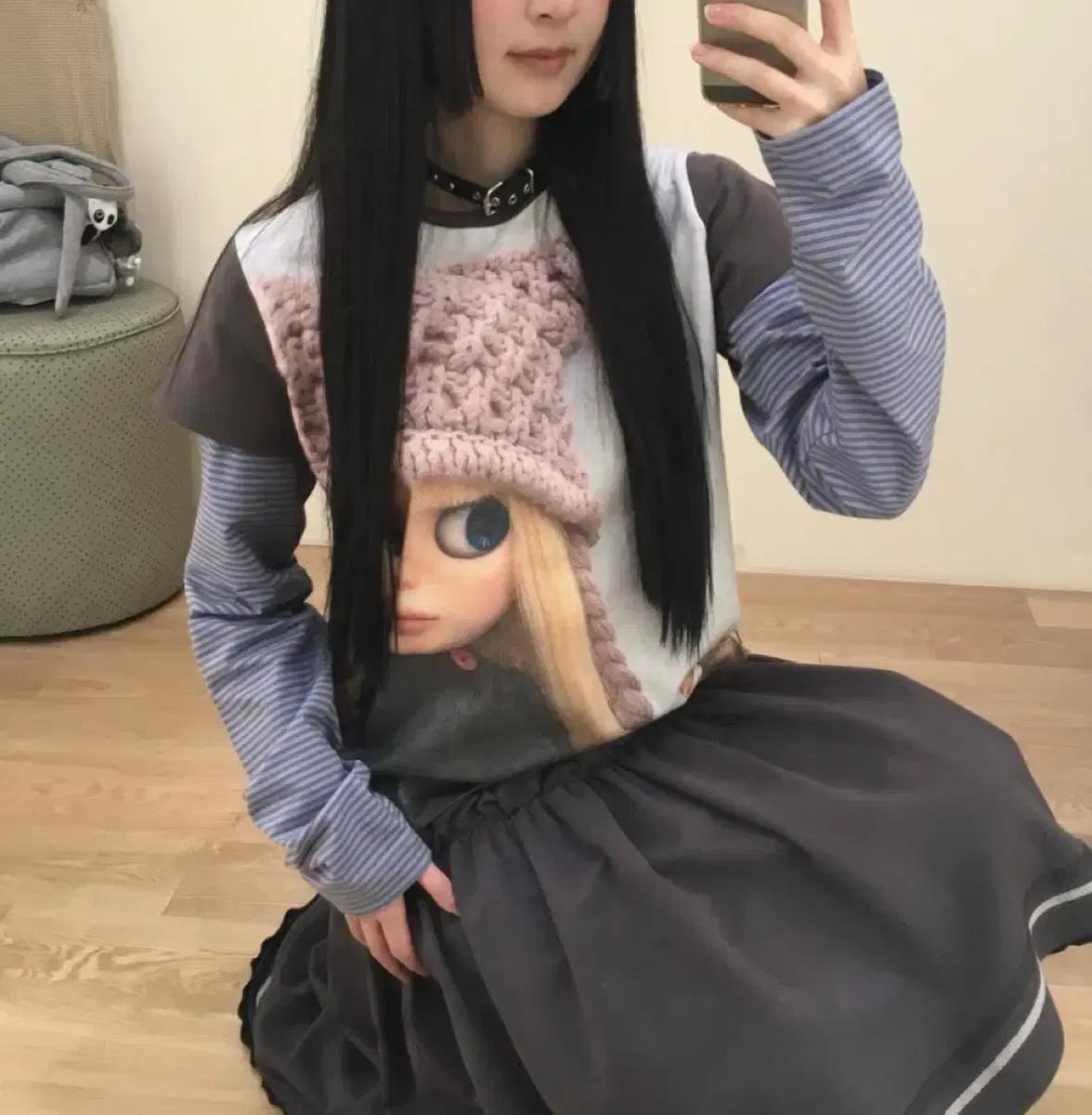 코이세이오 X 브라이스돌 스트라이프 더블 롱 슬리브 애쉬 브라운