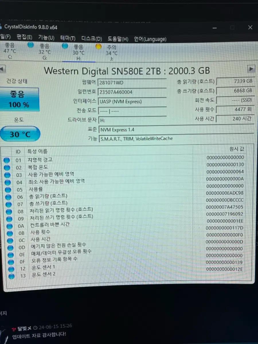 WD SN580E 2TB SSD (사용시간 240시간)