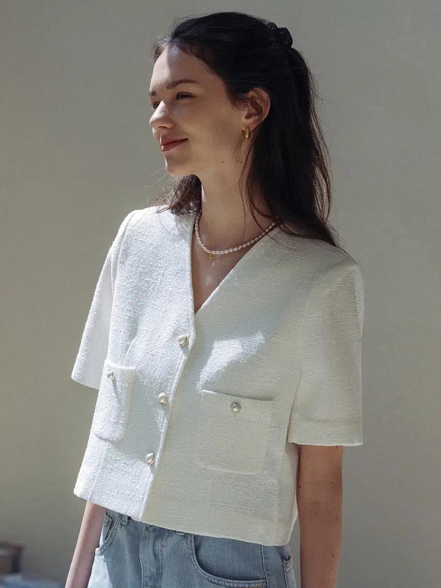 틸아이다이 Collarless pearl button summer twe