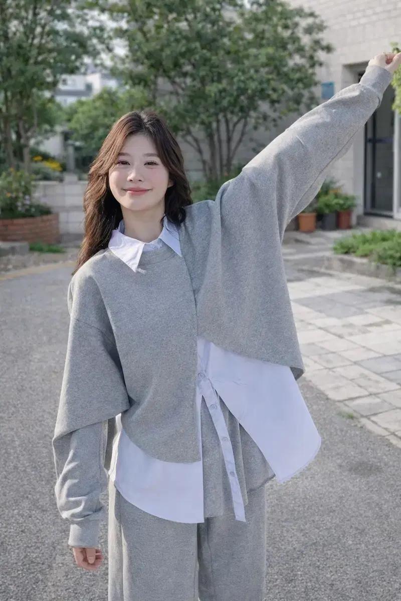 COSYEVNO 여성 루즈핏 레이어드 티셔츠 그레이 L