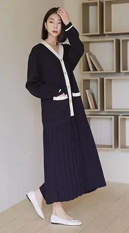 mariang 여성 블랙 봄가을 플리츠 니트 롱 원피스 77-88