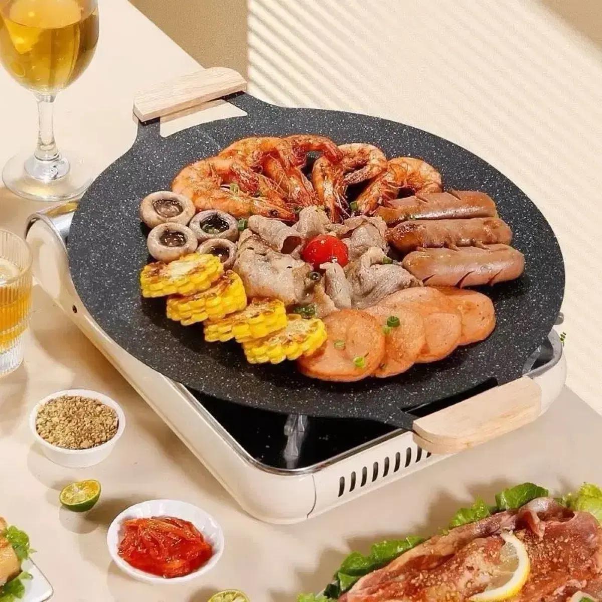 대형 그릴팬 캠핑 바베큐팬 38cm 나무손잡이