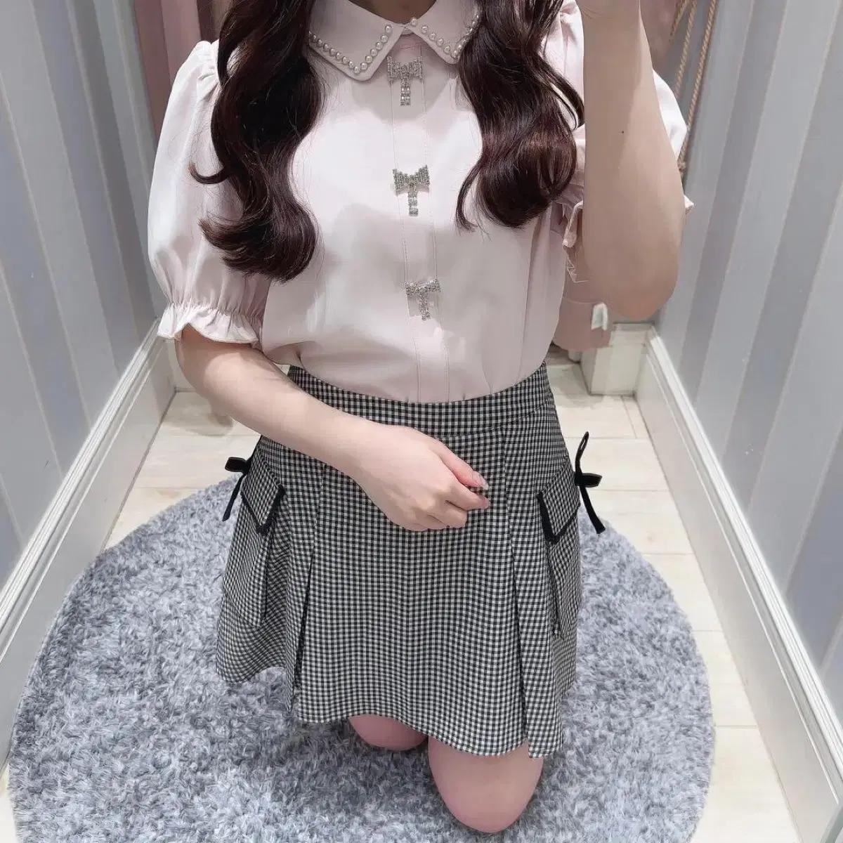 evelyn 에블린 비쥬 리본 반팔 블라우스 핑크
